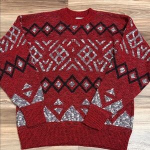 Vintage Le Tigre Red Black Geometric Print Acrylic Knit Sweater Men’s Sz. XL